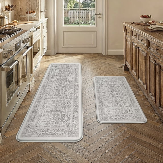 BERTHMEER Kitchen Rugs for Floor 2 Piece, 17.3"x30"+17.3"x47" Anti Fatigue Waterproof Black Kitchen Mats, Non Slip Comfort Standing Mat Rug for Home, Sink, Laundry, Black