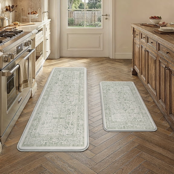 BERTHMEER Kitchen Rugs for Floor 2 Piece, 17.3"x30"+17.3"x47" Anti Fatigue Waterproof Green Kitchen Mats, Non Slip Comfort Standing Mat Rug for Home, Sink, Laundry, Green