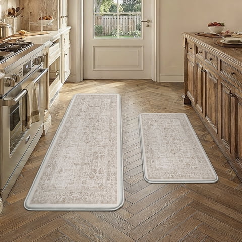 BERTHMEER Kitchen Rugs for Floor 2 Piece, 17.3"x30"+17.3"x47" Anti Fatigue Waterproof Light Brown Kitchen Mats, Non Slip Comfort Standing Mat Rug for Home, Sink, Laundry, Light Brown