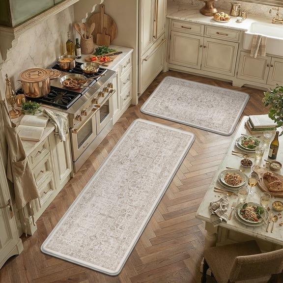 BERTHMEER Kitchen Rugs for Floor 2 Piece, 17.3"x30"+17.3"x59" Anti Fatigue Waterproof Light Brown Kitchen Mats, Non Slip Comfort Standing Mat Rug for Home, Sink, Laundry, Light Brown