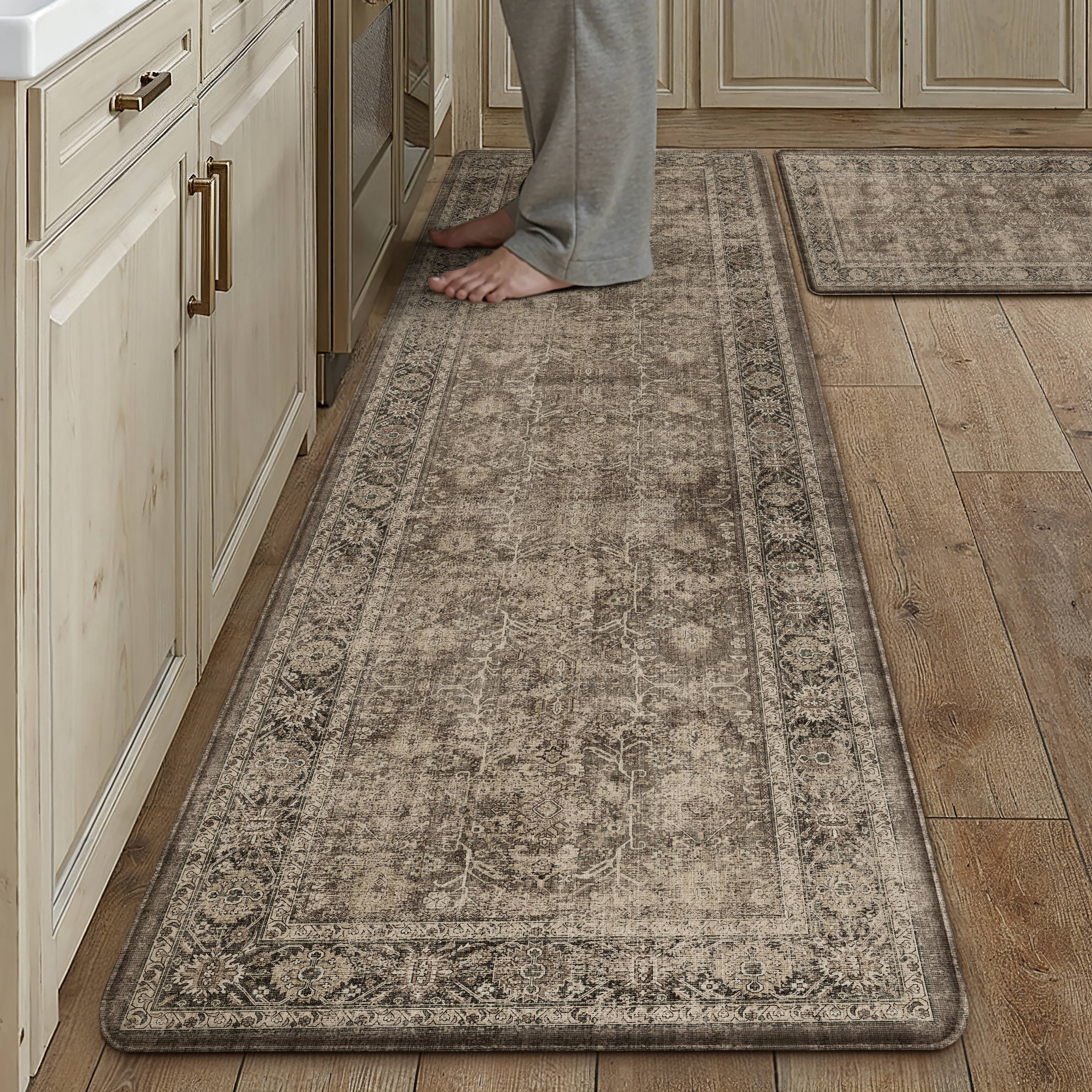berthmeer kitchen rugs for floor 2 piece, 17.3"x30"+17.3"x59" anti fatigue waterproof brown kitchen mats, non slip comfort standing mat rug for home, sink, laundry, brown