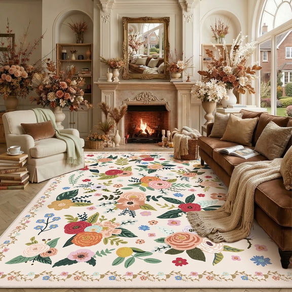 BERTHMEER Large 8'x10' Area Rugs for Living Room Bedroom Office Rugs Vintage Beige Floral Carpets Machine Washable Farmhouse Dining Room Oriental Flower Non Slip Rugs, Multicolor