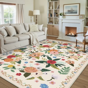 BERTHMEER Large 8'x10' Area Rugs for Living Room Bedroom Kids Playroom Office Rugs Vintage Beige Floral Carpets Machine Washable Farmhouse Dining Room Oriental Flower Non Slip Rugs, Multicolor