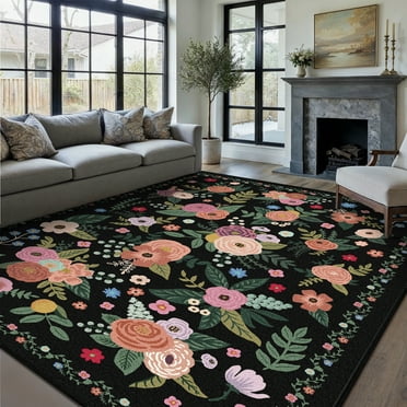 BERTHMEER Large 8'x10' Area Rugs for Living Room Bedroom Kids Playroom Office Rugs Vintage Black Floral Carpets Machine Washable Farmhouse Dining Room Oriental Flower Non Slip Rugs, Multicolor