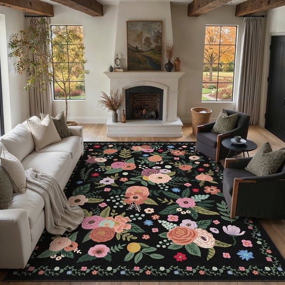 BERTHMEER Large 8'x10' Area Rugs for Living Room Bedroom Office Rugs Vintage Black Floral Carpets Machine Washable Farmhouse Dining Room Oriental Flower Non Slip Rugs, Multicolor
