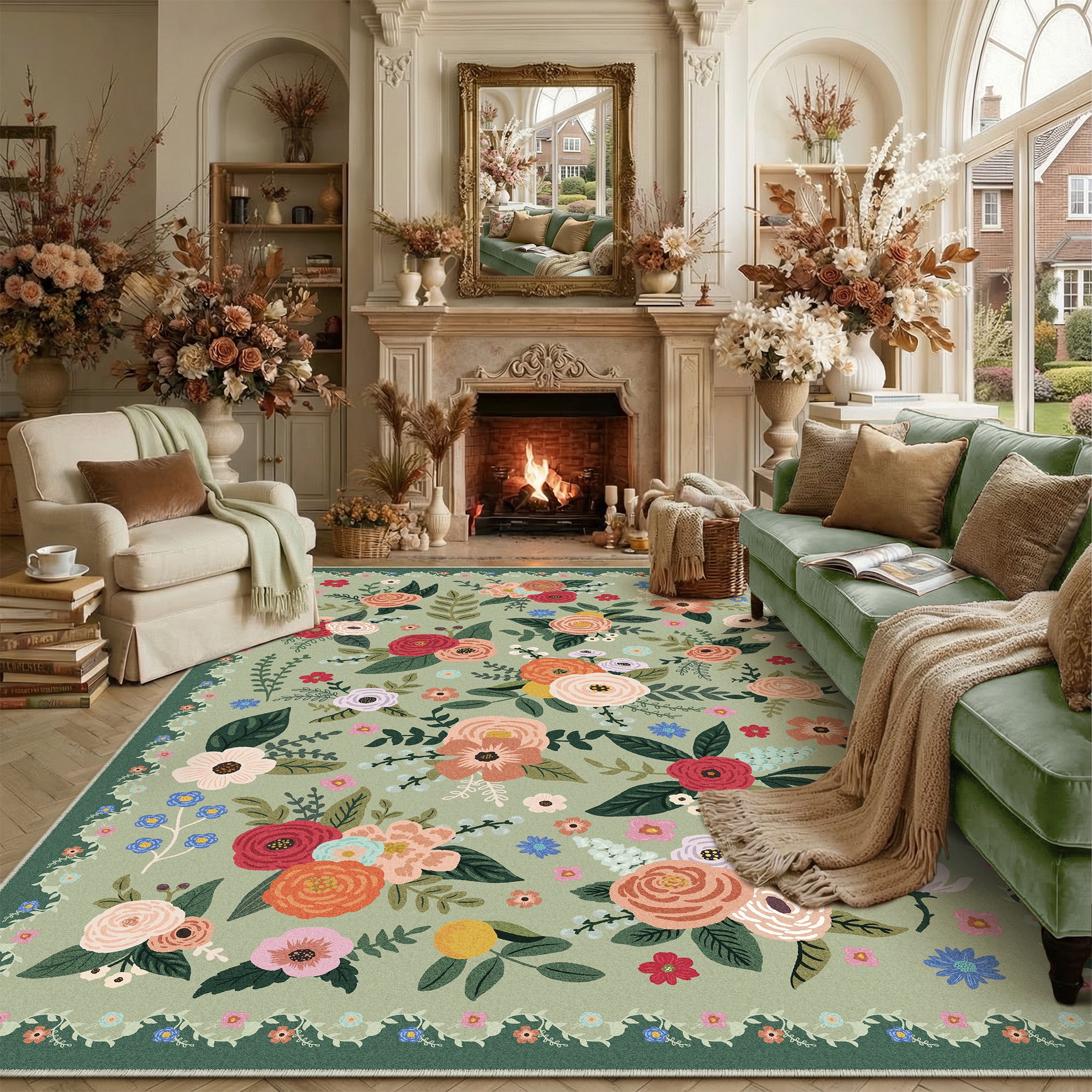 berthmeer large 8'x10' area rugs for living room bedroom office rugs vintage green floral carpets machine washable farmhouse dining room oriental flower non slip rugs, multicolor