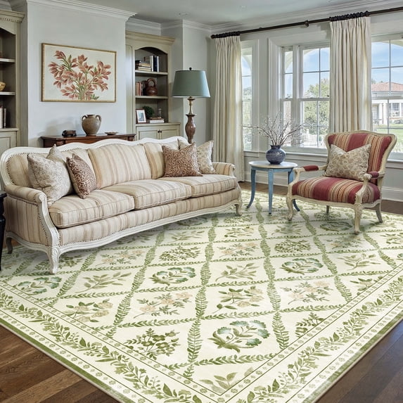BERTHMEER 6'x9' Area Rugs for Living Room Bedroom Office Rugs Vintage Green Floral Carpets Machine Washable Farmhouse Dining Room Oriental Flower Non Slip Rugs, Multicolor