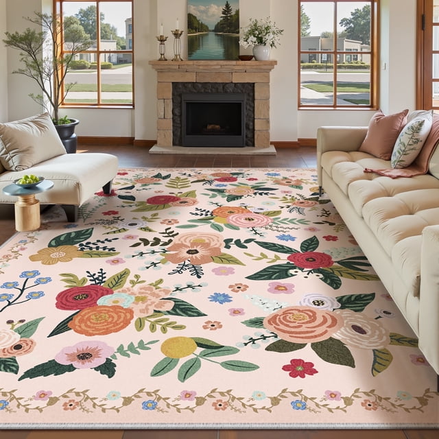 BERTHMEER Large 8'x10' Area Rugs for Living Room Bedroom Office Rugs Vintage Pink Floral Carpets Machine Washable Farmhouse Dining Room Oriental Flower Non Slip Rugs, Multicolor