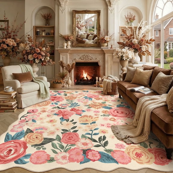 BERTHMEER Large 8'x10' Area Rugs for Living Room Beige Floral Rugs for Bedroom Playroom Office Vintage Carpets Machine Washable Farmhouse Dining Room Oriental Flower Non Slip Rugs, Multicolor