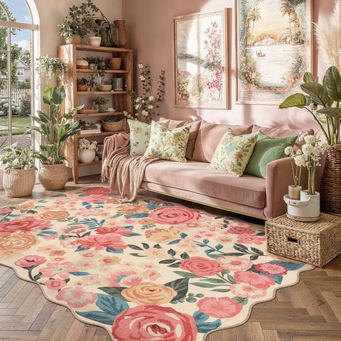 BERTHMEER Large 8'x10' Area Rugs for Living Room Scalloped Floral Rugs for Bedroom Office Carpets Machine Washable Farmhouse Dining Room Flower Non Slip Rugs, Multicolor