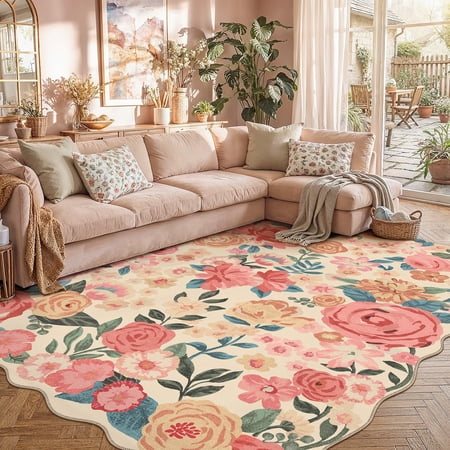 BERTHMEER Large 8'x10' Area Rugs for Living Room Scalloped Floral Rugs for Bedroom Office Carpets Machine Washable Farmhouse Dining Room Flower Non Slip Rugs, Multicolor