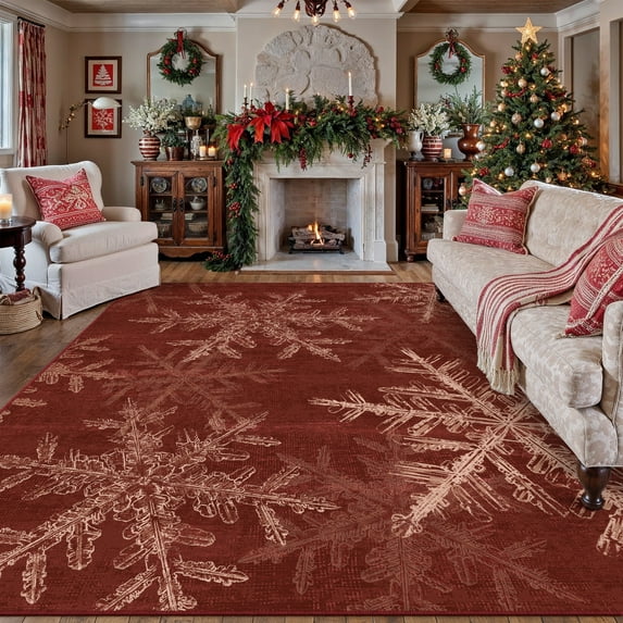 BERTHMEER Large Christmas Area Rug 8'X10' Christmas for Living Room Bedroom Dining Room Farmhouse Laundry Snowflake Print Washable Non-slip Rug,Red