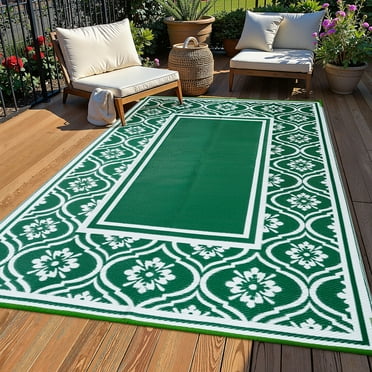 BERTHMEER Outdoor Patio Rugs 6'x9' Waterproof Rugs on Sale Clearance，Plastic Straw rugs for Camping，Porch，RV，Pool，Deck Rugs，Green White