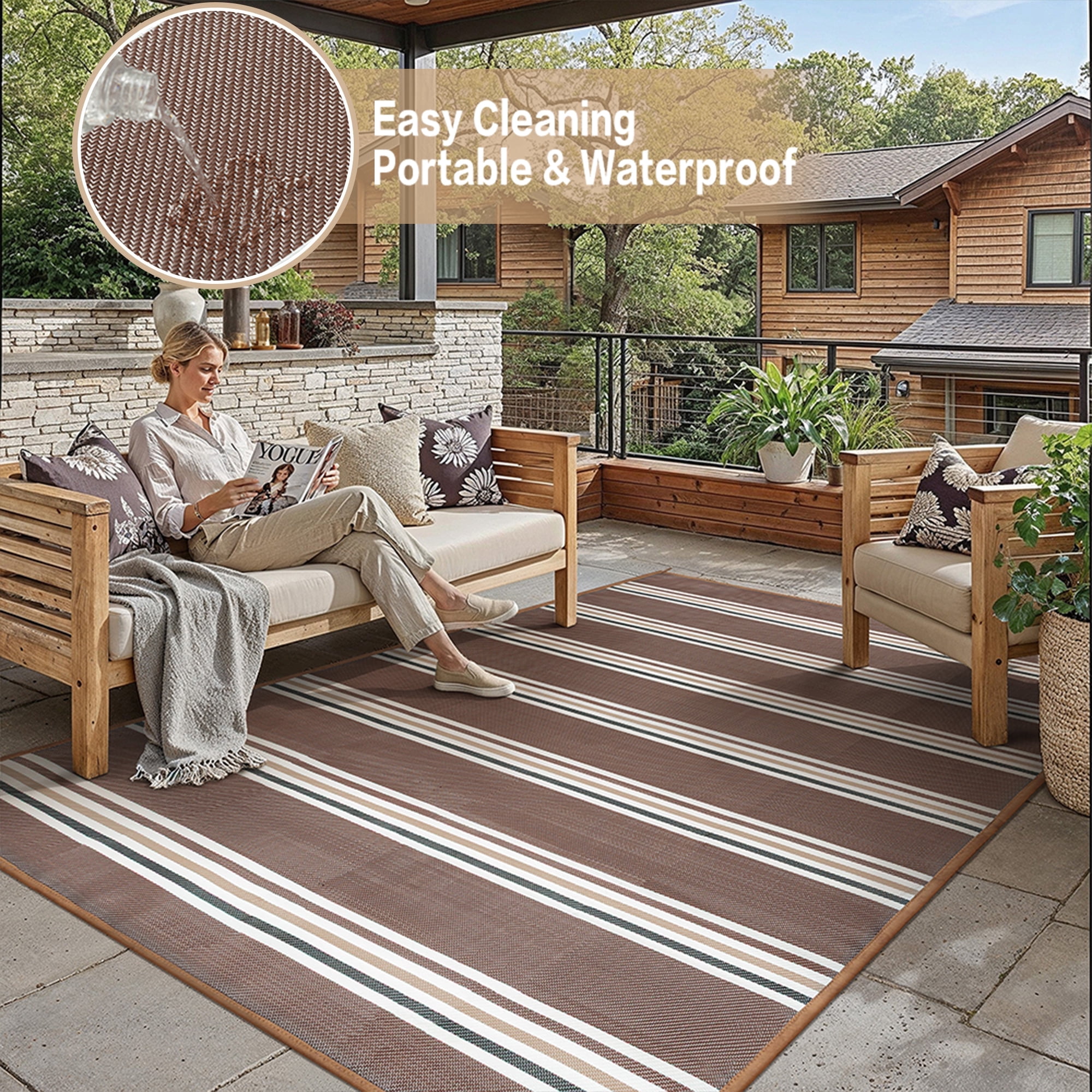 BERTHMEER Outdoor Rugs 5'x8' on Clearance Waterproof Plastic Reversible Patio Rugs Modern Geometric Stripes Lightweight Straw Carpets for RV Camping Deck Balcony Porch,Brown Coffee Color Multi-color