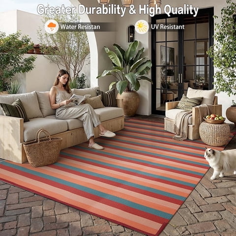 BERTHMEER Outdoor Rugs 5'x8' for Patio on Sale Clearance,Waterproof Reversible Rugs for RV,Deck,Camping,Beach,Picnic,Backyard,Garden and Balcony Plastic Straw Rug,Red&Orange Stripes