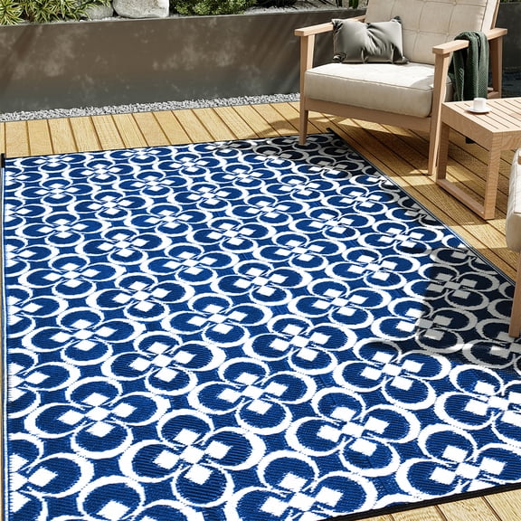 Outdoor Rugs 5'x8' Plastic Straw on Sale Clearance Reversible Waterproof Patio Rugs Geometric Lightweight Carpets for RV Camping Deck Beach Balcony Picnic Porch, Blue White