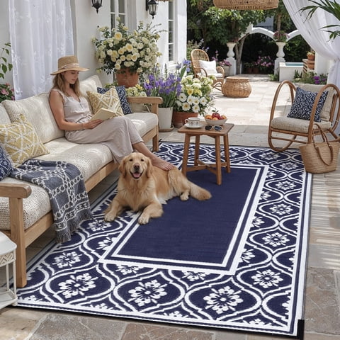 BERTHMEER Outdoor Rugs 5'x8' on Sale Clearance Waterproof Patio Plastic Straw Reversible Rugs for RV Deck Camping Beach Picnic Porch Garden and Balcony Carpets,Deep Blue White