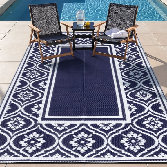BERTHMEER Outdoor Rugs 5'x8' on Sale Clearance Waterproof Patio Plastic Straw Reversible Rugs for RV Deck Camping Beach Picnic Porch Garden and Balcony Carpets,Deep Blue White
