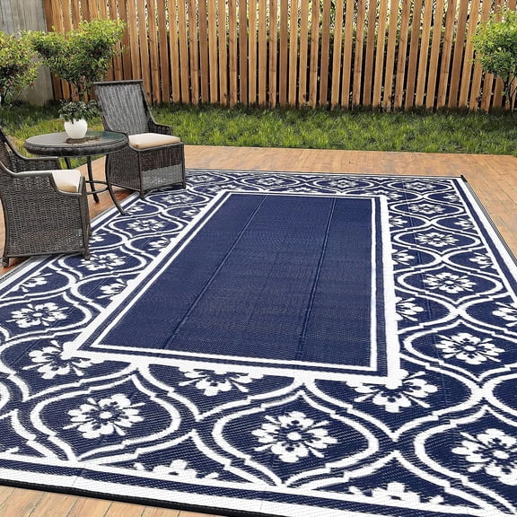 BERTHMEER Outdoor Rugs 5'x8' on Sale Clearance Waterproof Patio Plastic Straw Reversible Rugs for RV Deck Camping Beach Picnic Porch Garden and Balcony Carpets,Deep Blue White