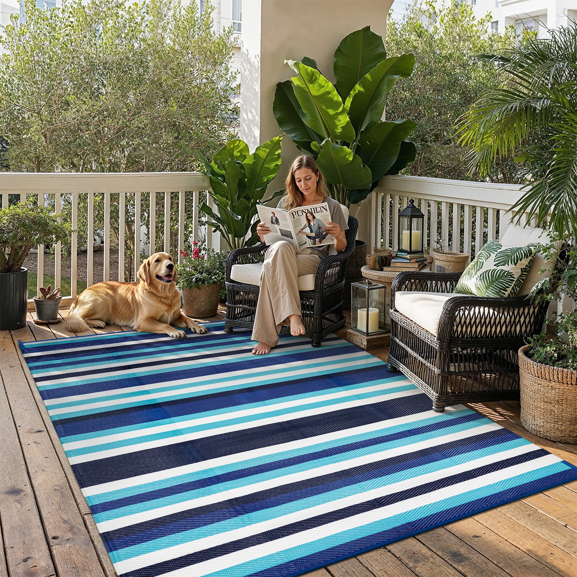 berthmeer outdoor rugs 5'x8' on sale clearance waterproof plastic reversible patio rugs modern geometric stripes rugs lightweight straw carpets for rv camping deck balcony porch,blue multi white