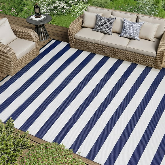 BERTHMEER Outdoor Rugs 6'x9' on Sale Clearance,Plastic Straw Patio Waterproof Rugs for RV,Deck,Camping,Beach,Picnic,Porch,Garden and Balcony,Contemporary Stripes,Blue White