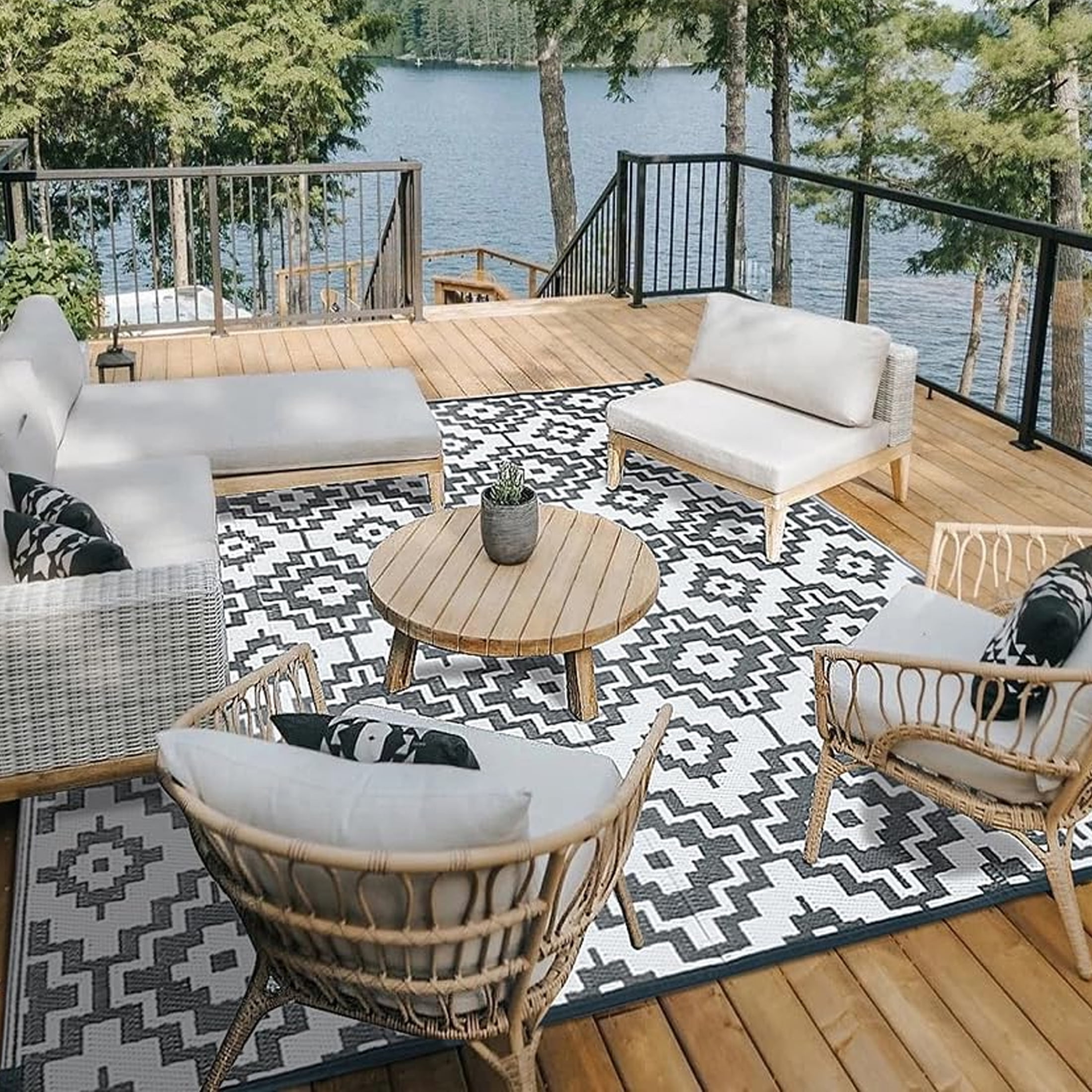 Outdoor Rugs 6'x9' on Sale Clearance Plastic Straw Waterproof Reversible Patio Rugs Geometric Lightweight Carpets for RV Camping Deck Balcony Beach Picnic Porch, Gray White