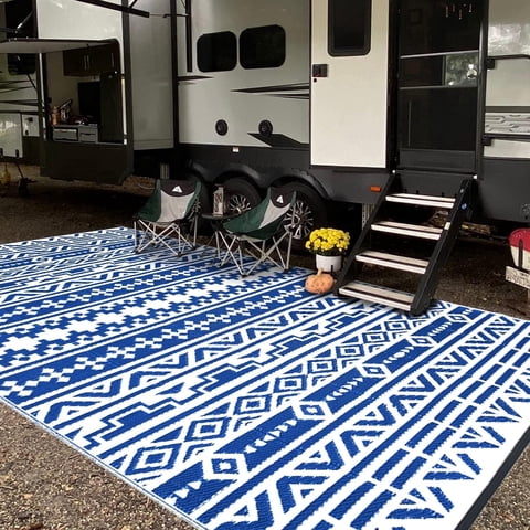 Outdoor Rugs 6'x9' on Sale Clearance Plastic Straw Waterproof Reversible Patio Rugs Geometric Lightweight Carpets for RV Camping Deck Balcony Beach Picnic Porch, Blue White