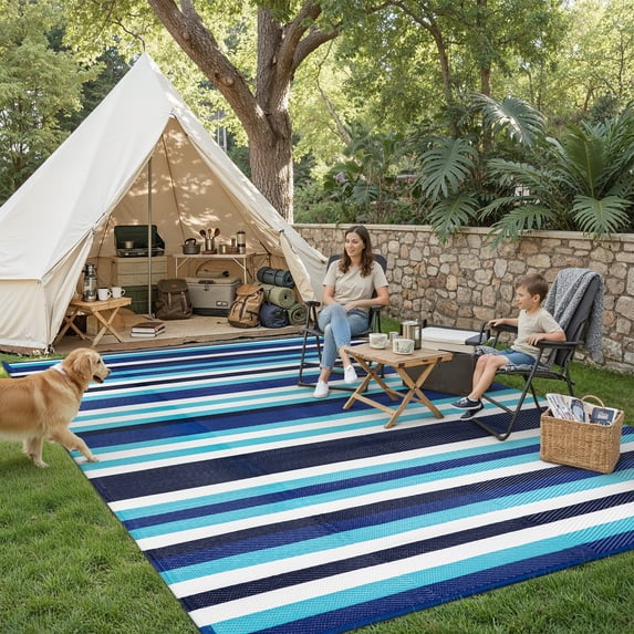 BERTHMEER Outdoor Rugs 6'x9' on Sale Clearance Plastic Straw Waterproof Reversible Patio Rugs Stripes Geometric Lightweight Carpets for RV Camping Deck Balcony Beach Picnic Porch,Blue Multi White