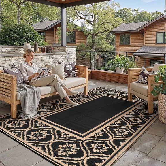 BERTHMEER Outdoor Rugs 6'x9' on Sale Clearance Plastic Straw Waterproof Reversible Patio Rugs Stripes Geometric Lightweight Large Carpets for RV Camping Deck Balcony Beach Picnic Porch,Coffee Black