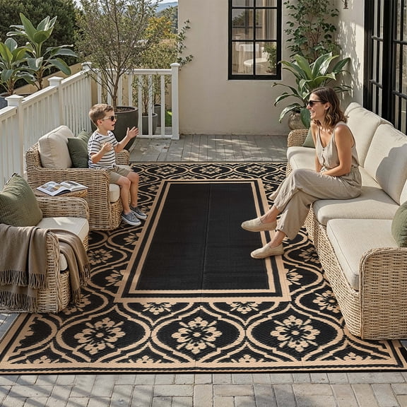 BERTHMEER Outdoor Rugs 8'x10' on Sale Clearance Waterproof Plastic Straw Reversible Patio Rugs for RV Deck Camping Beach Picnic Porch Garden and Balcony Geometric Carpets,Coffee Black