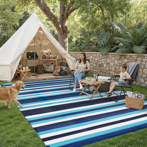 BERTHMEER Outdoor Rugs 8'x10' on Sale Clearance Waterproof Plastic Straw Reversible Patio Rugs for RV Deck Camping Beach Picnic Porch Garden and Balcony Stripes Geometric Carpets,Blue Multi White