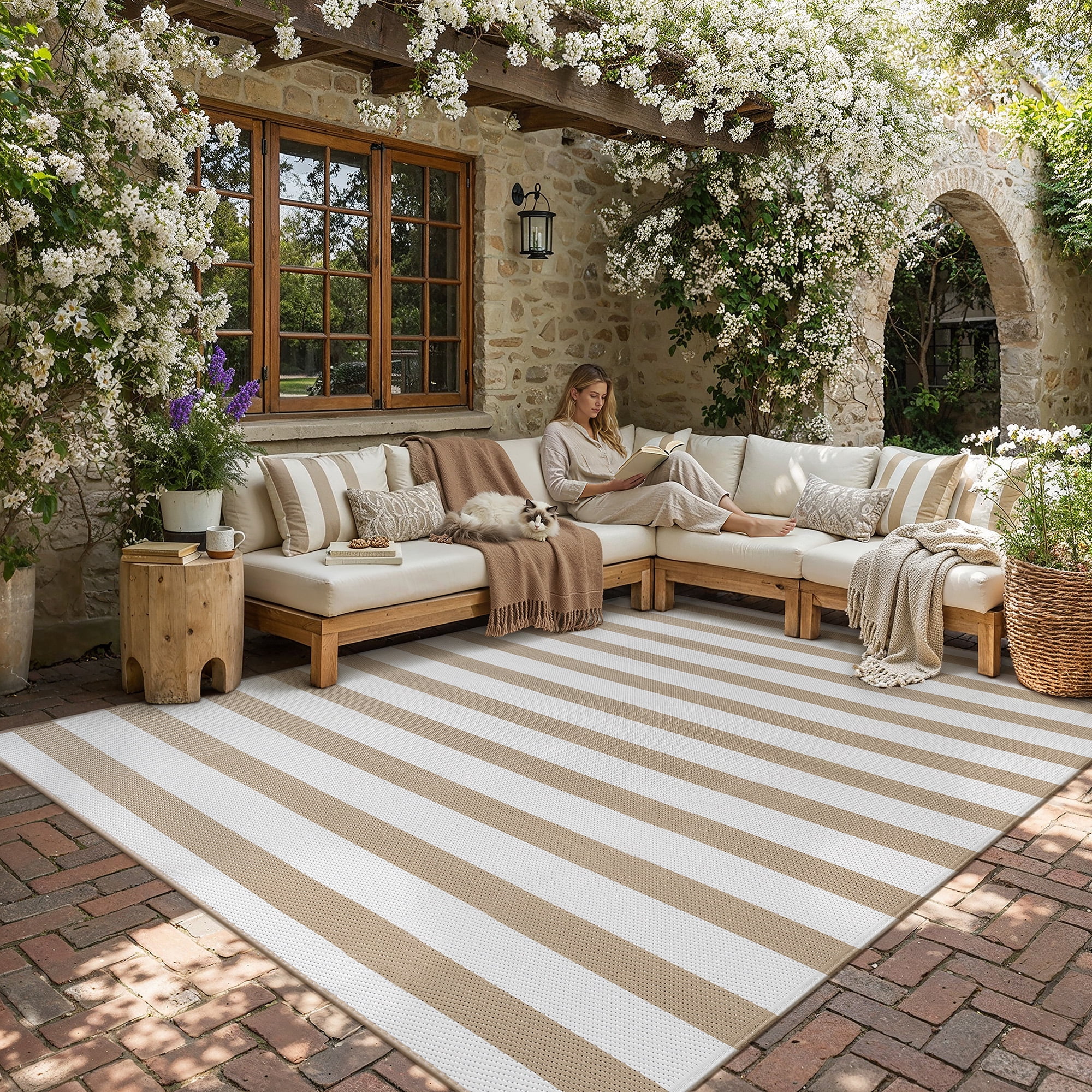 berthmeer outdoor rugs 9'x12' on sale clearance plastic waterproof reversible patio rugs large geometric stripes rugs lightweight straw carpets for rv camping deck balcony porch,beige white