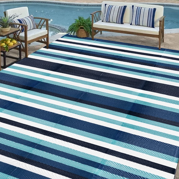 BERTHMEER Outdoor Rugs 9'x12' on Sale Clearance Plastic Waterproof Reversible Patio Rugs Modern Geometric Stripes Rugs Lightweight Straw Carpets for RV Camping Deck Balcony Porch,Blue Multi White