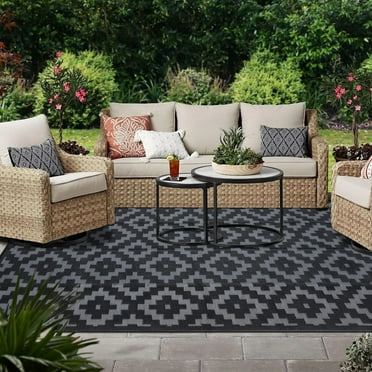 BERTHMEER 8' x 10' Outdoor Rugs Clearance Waterproof Plastic Patio Rugs for RV Camping Garden Picnic Beach Deck Backyard Porch Decor, Black & Gray
