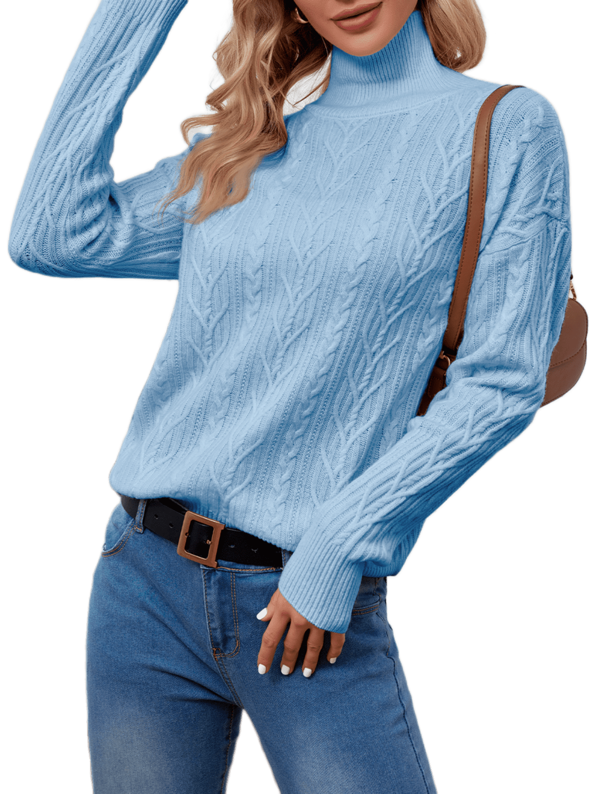 BERTHMEER Women's Oversized Chunky Cable Turtleneck Sweater, Long