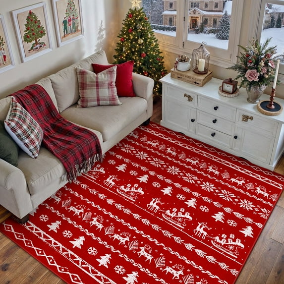 BERTHMEER Red Area Rug 4'X6' Christmas Rug for Living Room Dining Room Bedroom Kitchen Office Dorm Farmhouse Laundry Snowflake Print Soft Low Pile Washable Non-slip Rug,Red
