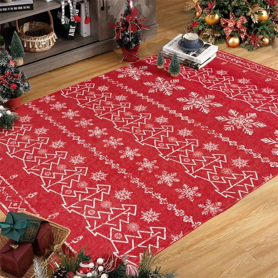 BERTHMEER Red&White 8x10 ft Christmas Area Rugs,Soft Bedroom Rugs,Washable Dining Room Rugs,Traditional Boho Snowflake Pattern Decorative Carpet