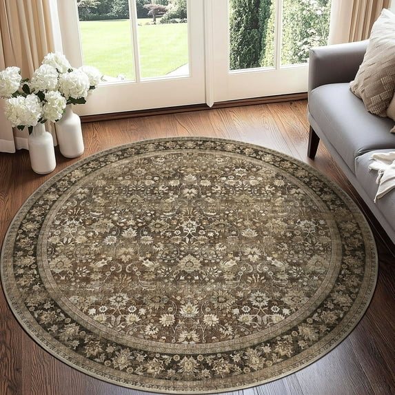 BERTHMEER Round Area Rugs 4'x4' Traditional Oriental Rugs for Living Room Bedroom Office Dining Room Non-slip Washable Vintage Distressed Rugs,Brown