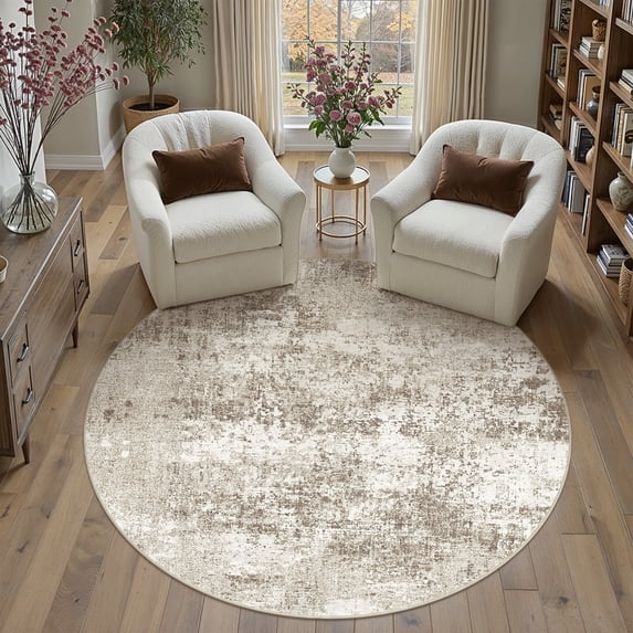 BERTHMEER Round Area Rugs 5'x5' Washable Abstract Rugs for Living Room Bedroom Office Dining Room Non-slip Modern Contemporaray Distressed Rugs,Beige