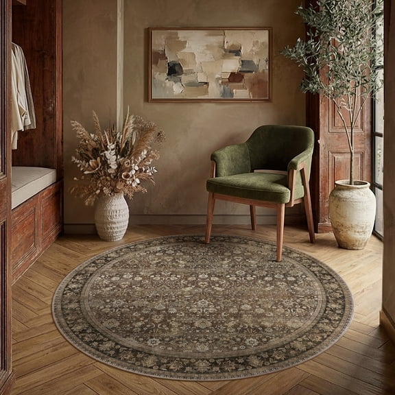 BERTHMEER Round Area Rugs 6'x6' Traditional Oriental Rugs for Living Room Bedroom Office Dining Room Non-slip Washable Vintage Distressed Rugs, Brown