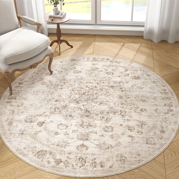 BERTHMEER Round Area Rugs 6'x6' Washable Rugs for Office Living Room Dining Room Bedroom Non-slip, Beige Vintage Traditional Oriental Distressed Rugs