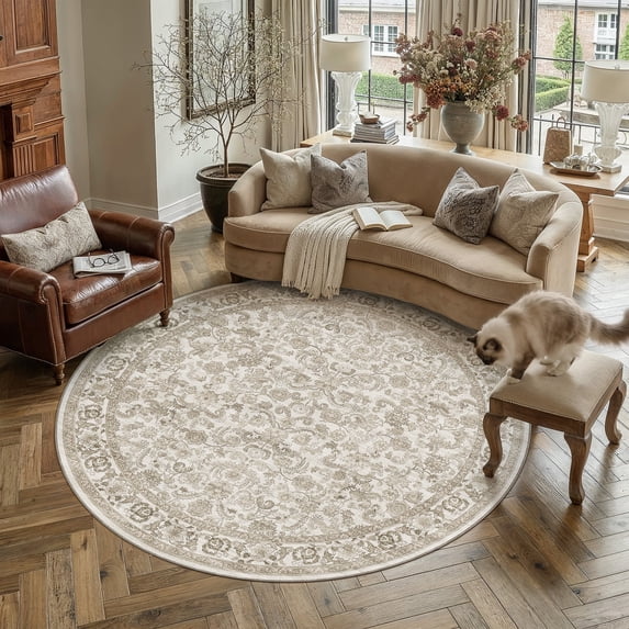 BERTHMEER Round Area Rugs 6'x6' for Living Room Bedroom Non Slip Washable Vintage Oriental Dorm Office Dining Room Distressed Rugs,Brown