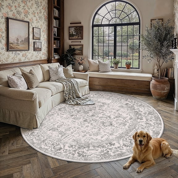 BERTHMEER Round Area Rugs 8'x8' Washable Rugs for Office Living Room Dining Room Non-slip, Gray