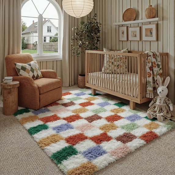 BERTHMEER 5'x7' Area Rugs for Living Room Bedroom Multicolor Fluffy Ultra-Soft Geometric Modern Indoor Checkered Shag Rugs Carpets,Green Multicolor