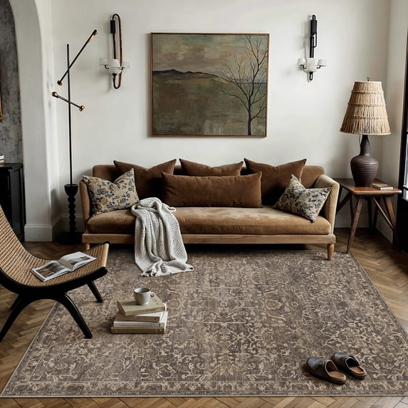 BERTHMEER Small 3'x5' Area Rugs for Living Room Kitchen Rugs for Bedroom Non Slip Washable Vintage Brown Carpets Oriental Distressed Office Dorm Dining Room Traditional Distressed Throw Rugs