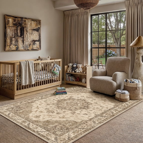 BERTHMEER Small 3'x5' Area Rugs for Living Room Kitchen Rugs for Bedroom Non Slip Washable Vintage Brown Carpets Oriental Distressed Office Dorm Dining Room Traditional Distressed Throw Rugs