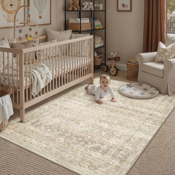 BERTHMEER Small Area Rugs 3'x5' for Bathroom Kitchen Bedroom Entryway Entrance Rugs Non Slip Washable Vintage Beige Carpets Oriental Dorm Home Office Traditional Distressed Throw Rugs