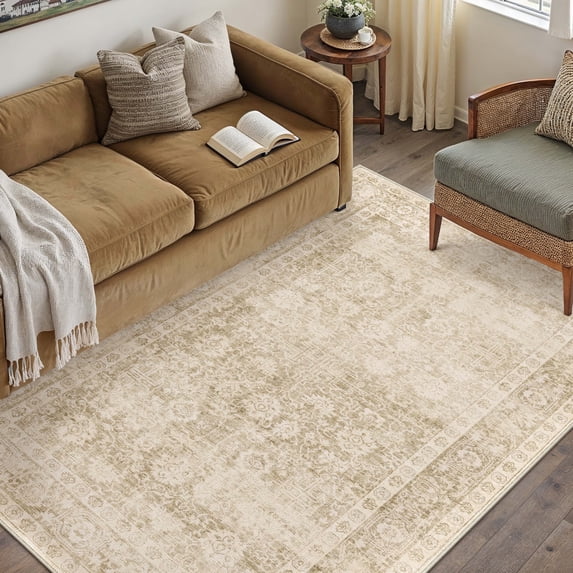BERTHMEER Small Area Rugs 3'x5' for Bathroom Kitchen Bedroom Entryway Rugs Non Slip Washable Vintage Beige Carpets Oriental Dorm Office Entrance Traditional Distressed Throw Rugs
