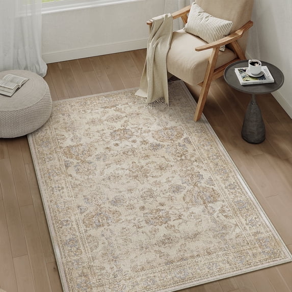 BERTHMEER Small Area Rugs 3'x5' for Bathroom Kitchen Bedroom Entryway Rugs Non Slip Washable Vintage Beige Carpets Oriental Dorm Office Entrance Traditional Distressed Carpets