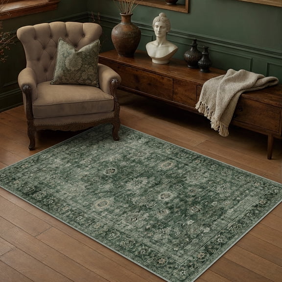 BERTHMEER Small Area Rugs 3'x5' for Bathroom Kitchen Bedroom Entryway Rugs Non Slip Washable Vintage Green Carpets Oriental Dorm Office Entrance Traditional Distressed Throw Rugs
